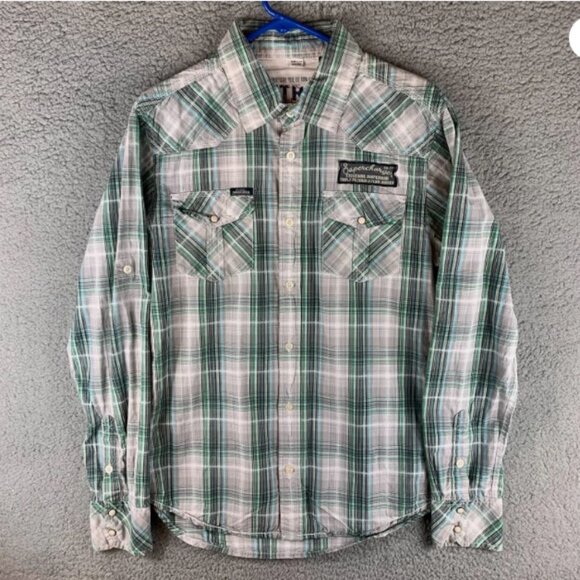 Petrol Industries Green Gray Plaid Button Up Shirt Turbo Engineers Back Medium - Picture 1 of 10
